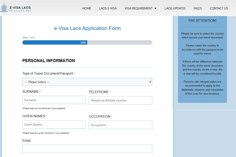 Interface du site Web du visa électronique pour le Laos